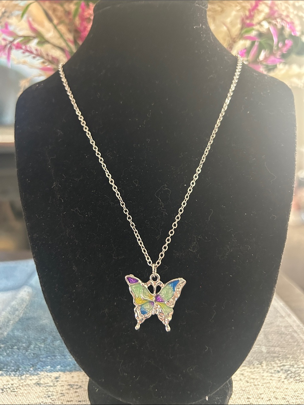 Multicolor Enamel Butterfly Pendant Necklace - Silver Tone